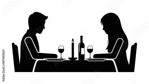 Silhouettes of a man and a woman having a candlelit dinner with wine, symbolizing a date or romantic evening.