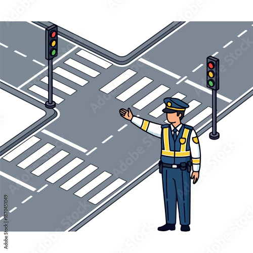 Illustration of a traffic controller directing traffic with a baton at a crossroads with traffic lights on a white background.