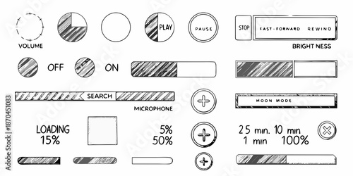 Collection of black and white media player control icons and progress bars