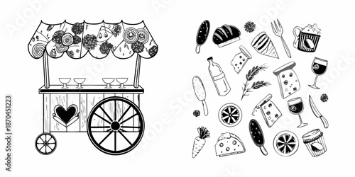 A charming food cart illustration with various delicious food items displayed