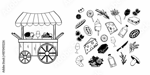 A charming vendor cart with various food and drink illustrations nearby