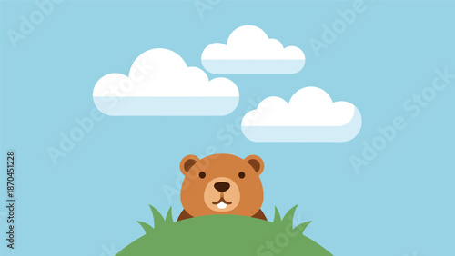 A cute cartoon groundhog peeking out from green grass under a blue sky with white clouds, celebrating Groundhog Day.