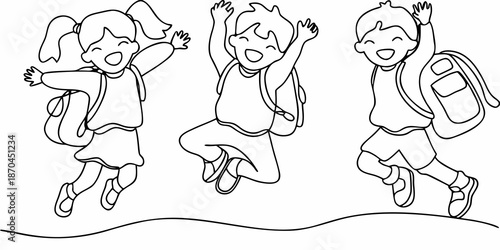 Joyful children jumping with backpacks a simple line drawing illustration