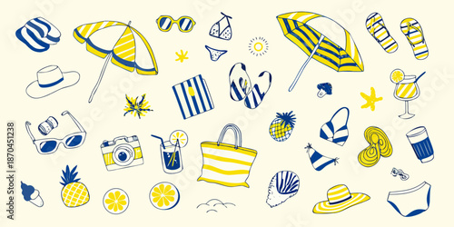 A cheerful summer collection featuring beach essentials in blue and yellow