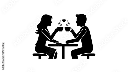 Silhouette of a man and a woman on a date, sitting at a table and drinking coffee or tea with hearts above their cups, symbolizing love and connection.