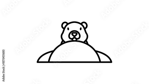 A simple black and white line art illustration of a cute cartoon groundhog or beaver peeking out from behind a mound.