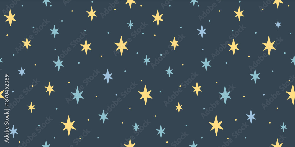 Naklejka premium Seamless pattern with scattered yellow and blue stars and dots on dark blue background creating starry night effect
