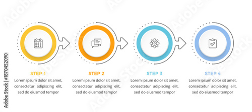Four step process infographic with circular elements connected by arrows, showing a sequential workflow