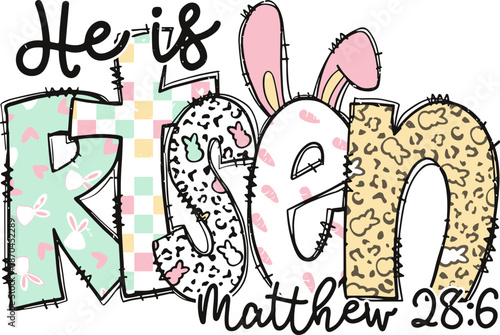 He is Risen SVG, Matthew 28:6 SVG, Risen SVG, retro easter doodle SVG, Easter Christian Png SVG
