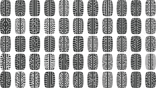 A comprehensive collection of diverse tire tread patterns, showcasing various designs and textures for automotive and vehicle tires.
