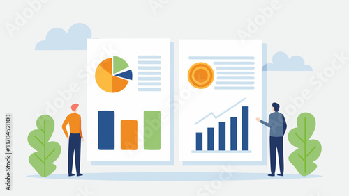 Minimalist financial infographic illustrating revenue growth and business strategy with two people analyzing charts and graphs with illustration