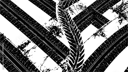Abstract black and white image featuring multiple overlapping tire tracks with grunge textures, creating a dynamic pattern.