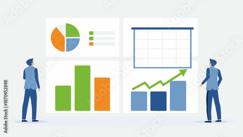 Business growth infographic showing statistics and graphs with two professionals analyzing data with data analysis and business professionals