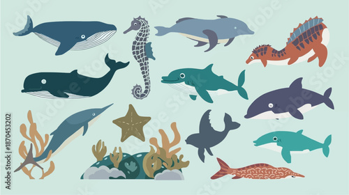 A collection of diverse marine animals including whales, dolphins, sharks, seahorses, and ancient sea creatures, alongside coral and seaweed, on a light blue background.