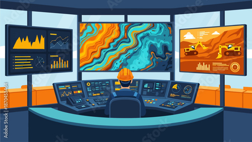 Surrounded by panoramic monitors, a helmeted operator manages remote mining activities, analyzing vibrant geological scans and heavy machinery performance from a high-tech command center