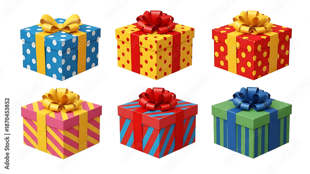 Obraz premium Six colorful gift boxes with bows on transparent background