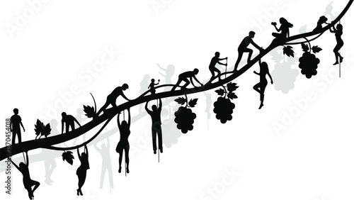 Silhouettes of people evolving and climbing along a vine with grapes, symbolizing progress and growth.