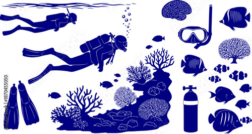 Scuba Diver Underwater Silhouette Deep Sea Diving Ocean Exploration Marine Snorkeling Swimming Black Vector Isolated White Background Aquatic Sport Reef Tropical