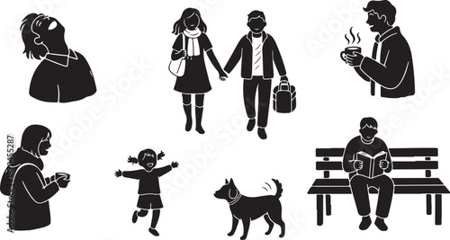 Silhouette illustrations of people and daily life scenes