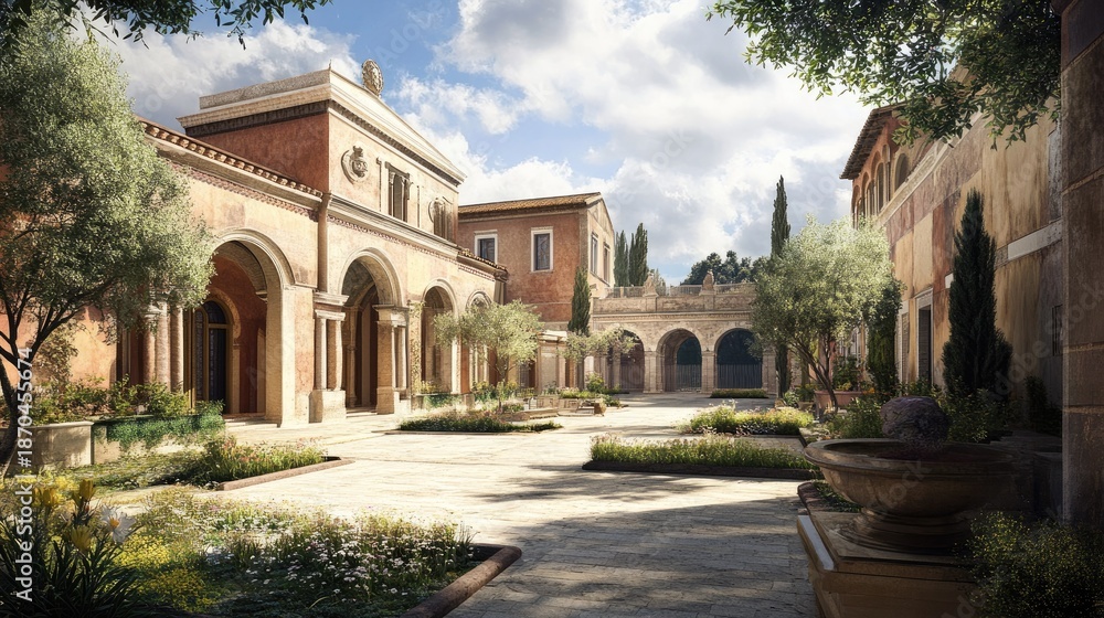 Obraz premium Serene Roman Courtyard: A Digital Recreation of Ancient Architecture and Landscaping