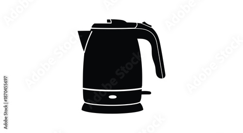 A simple black and white image showcasing a modern electric kettle in a dark silhouette