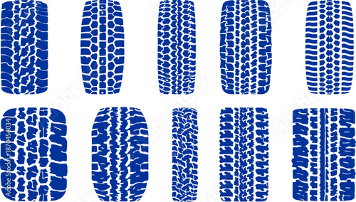 A collection of ten distinct blue tire track patterns on a white background, showcasing various tread designs.