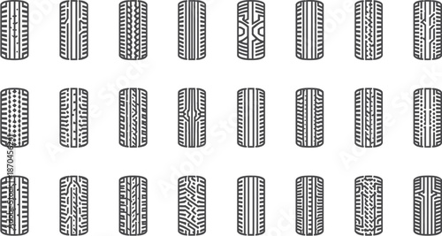 A collection of various car tire tread patterns and designs, illustrating different textures and grooves for vehicle wheels.