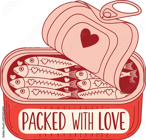Valentine Packed With Love Sardine Can Illustration, Cute Heart Food Art Design for Valentine Gifts, T Shirt, Mug, Sticker, Card and Love Theme Projects