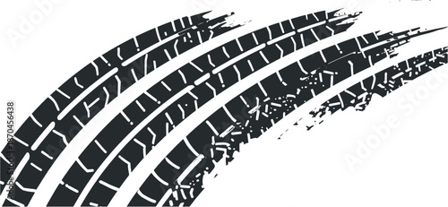 Dynamic black tire tracks with grunge texture creating a curved, distressed pattern on a white background, symbolizing speed and movement.