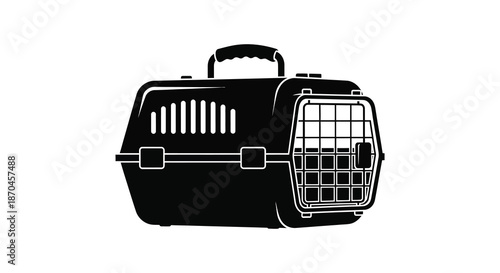 a black pet carrier with a handle and ventilation a distinct outline silhouette