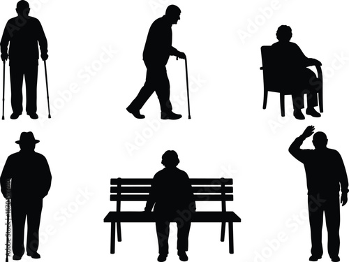 Elderly man silhouette collection walking with cane, sitting on bench and standing poses, senior people illustration for design artwork