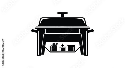 A detailed depiction of a black silhouette of a chafing dish with fuel canisters underneath silhouette