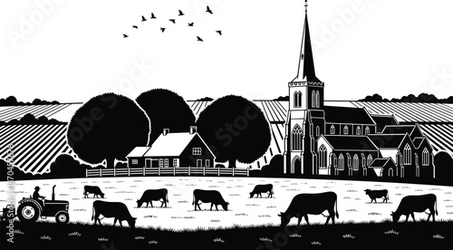 Rural countryside farm landscape with grazing cows tractor field trees village church and flying birds black and white illustration