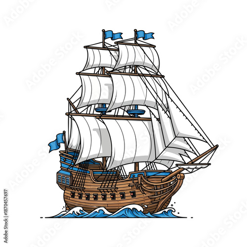 Majestic vintage sailing ship illustration navigating classic ocean waves, an emblem of historical maritime adventure and grand sea voyages
