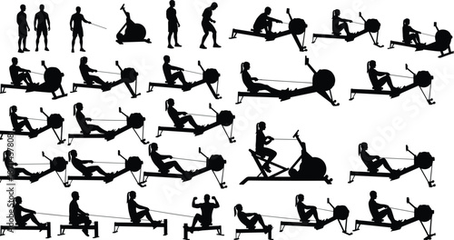 Silhouette athletes training on rowing machines in gym workout positions demonstrating indoor rowing exercise technique and fitness motivation illustration