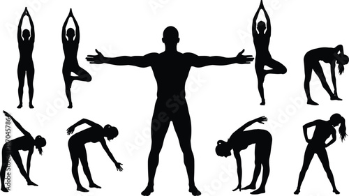 Silhouette collection of men and women performing yoga stretches and fitness warm up poses on white background for wellness exercise