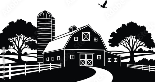 Silhouette countryside farm landscape with barn silo trees fence and flying bird rural agriculture scenery on white background illustration