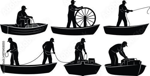 Silhouette fishermen working on small boats with ropes nets and equipment, marine labor activity illustration set for fishing industry design