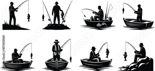 Silhouette collection of fishermen catching fish with rods on shore and in boats, hobby fishing scenes, angling sport illustrations