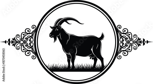 Silhouette goat standing in grass inside decorative vintage emblem frame farm livestock animal logo design on white background