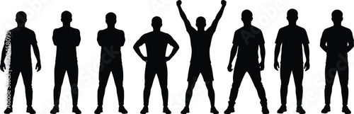 Silhouette illustration of athletic men standing in different body poses and gestures on white background for fitness and sports design