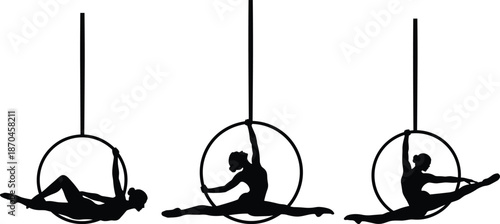Silhouette illustration of aerial hoop acrobats performing split poses and gymnastics choreography on white background for fitness and circus design