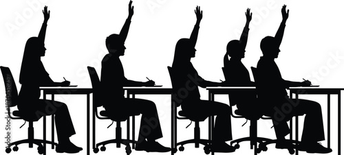 Silhouette illustration of students sitting at desks and raising hands during classroom learning on white background for education design