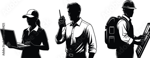 Silhouette professionals working with laptop radio and control panel representing teamwork communication technology industry field operations skills illustration concept