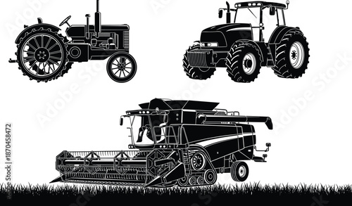 Silhouette set of vintage tractor modern tractor and combine harvester farming machines working in agricultural field illustration