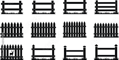Silhouette set of wooden farm fences and garden picket fence designs with grass base isolated on white background illustration