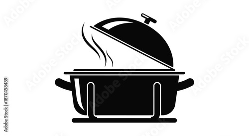 a minimalist black and white illustration of a covered pot with rising steam silhouette