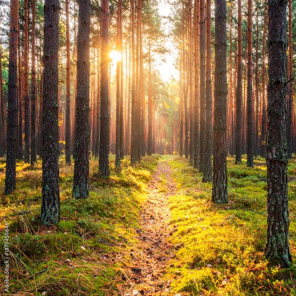 Fototapeta premium Forest path view through tall, straight trees, with bright sunlight filtering through the canopy, creating a golden glow