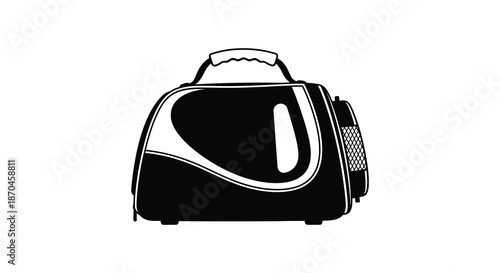 A striking black and white illustration depicting a pet carrier bag showcasing a bold silhouette