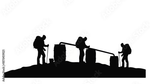 Hikers with backpacks and walking sticks observe distillation equipment with barrels in a remote landscape.